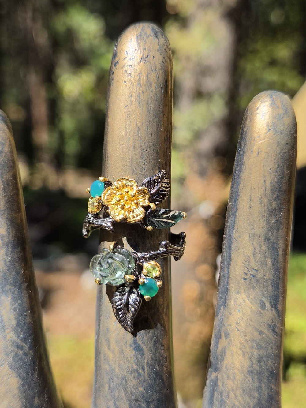 Floral Garden Gold & Green Double-Band Ring